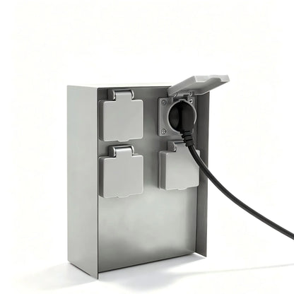 Front view of a stainless steel 4-way outdoor power socket box with one plug connected.