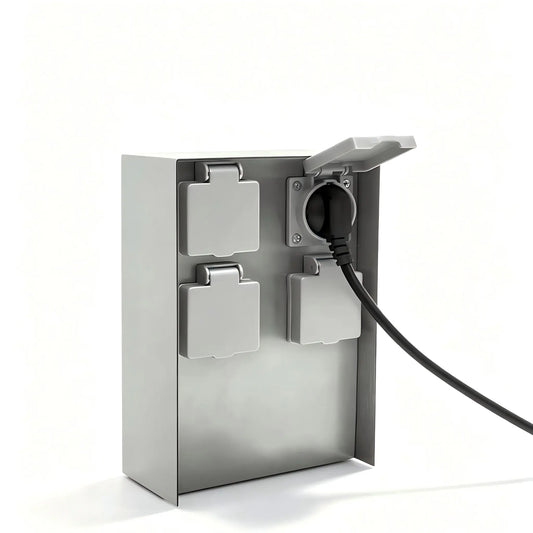 Front view of a stainless steel 4-way outdoor power socket box with one plug connected.