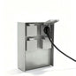 Front view of a stainless steel 4-way outdoor power socket box with one plug connected.