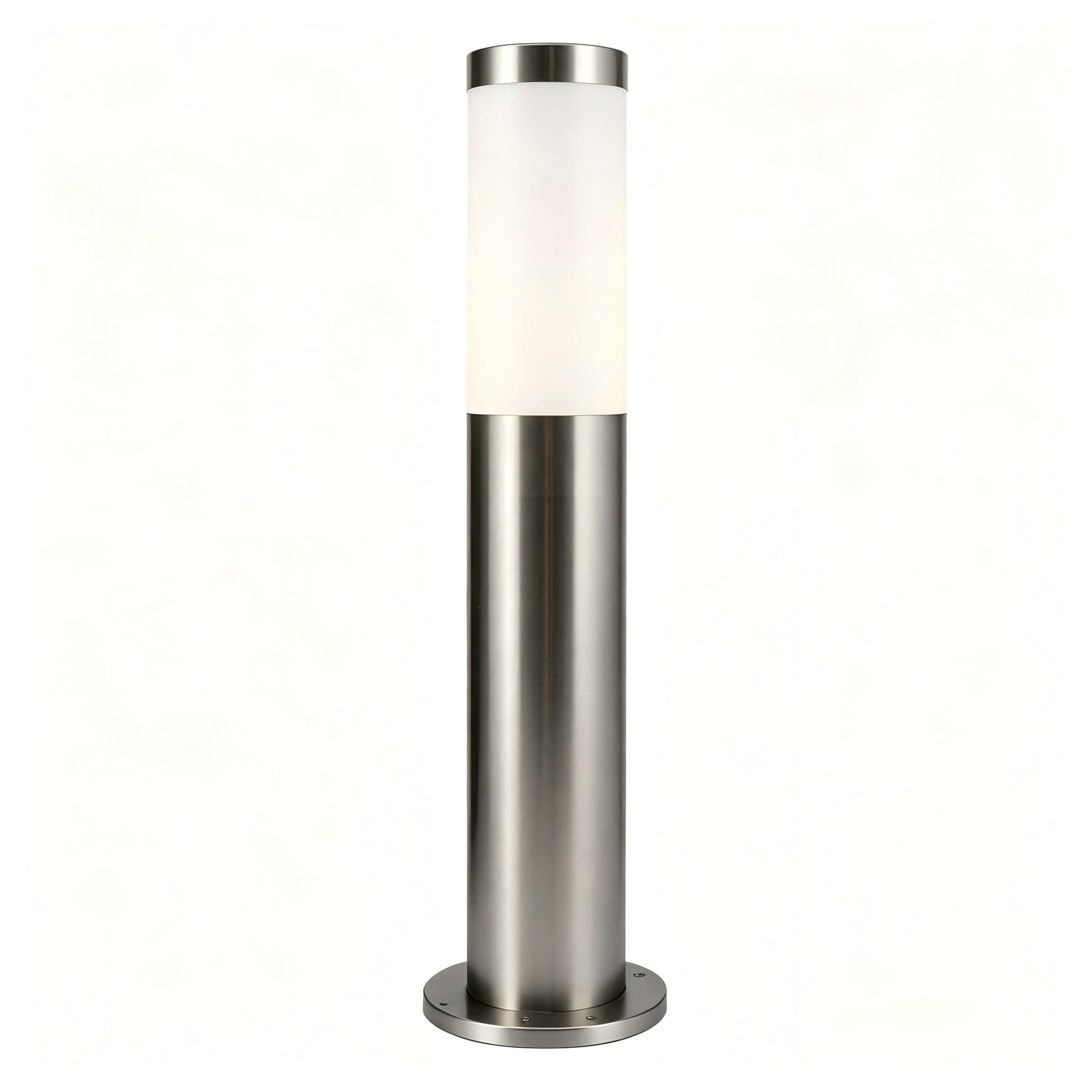 Stainless steel outdoor bollard light with frosted diffuser for garden pathways.