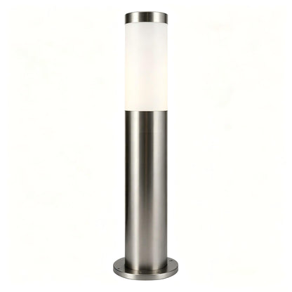 Stainless steel outdoor bollard light with frosted diffuser for garden pathways.