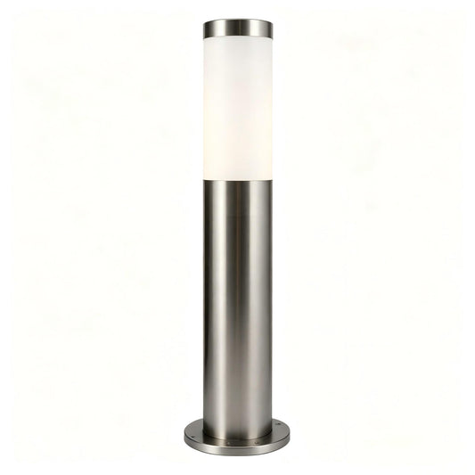 Stainless steel outdoor bollard light with frosted diffuser for garden pathways.