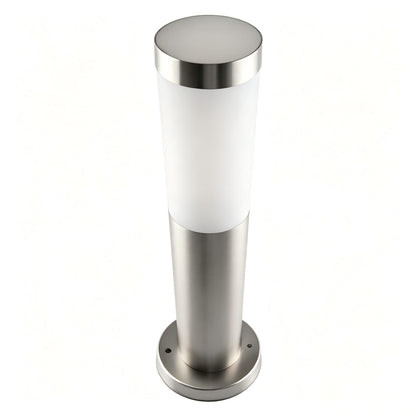 Base and wiring detail of stainless steel outdoor bollard light for easy installation.