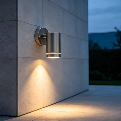 Stainless Steel Cylinder Outdoor Wall Light Close Up Off 