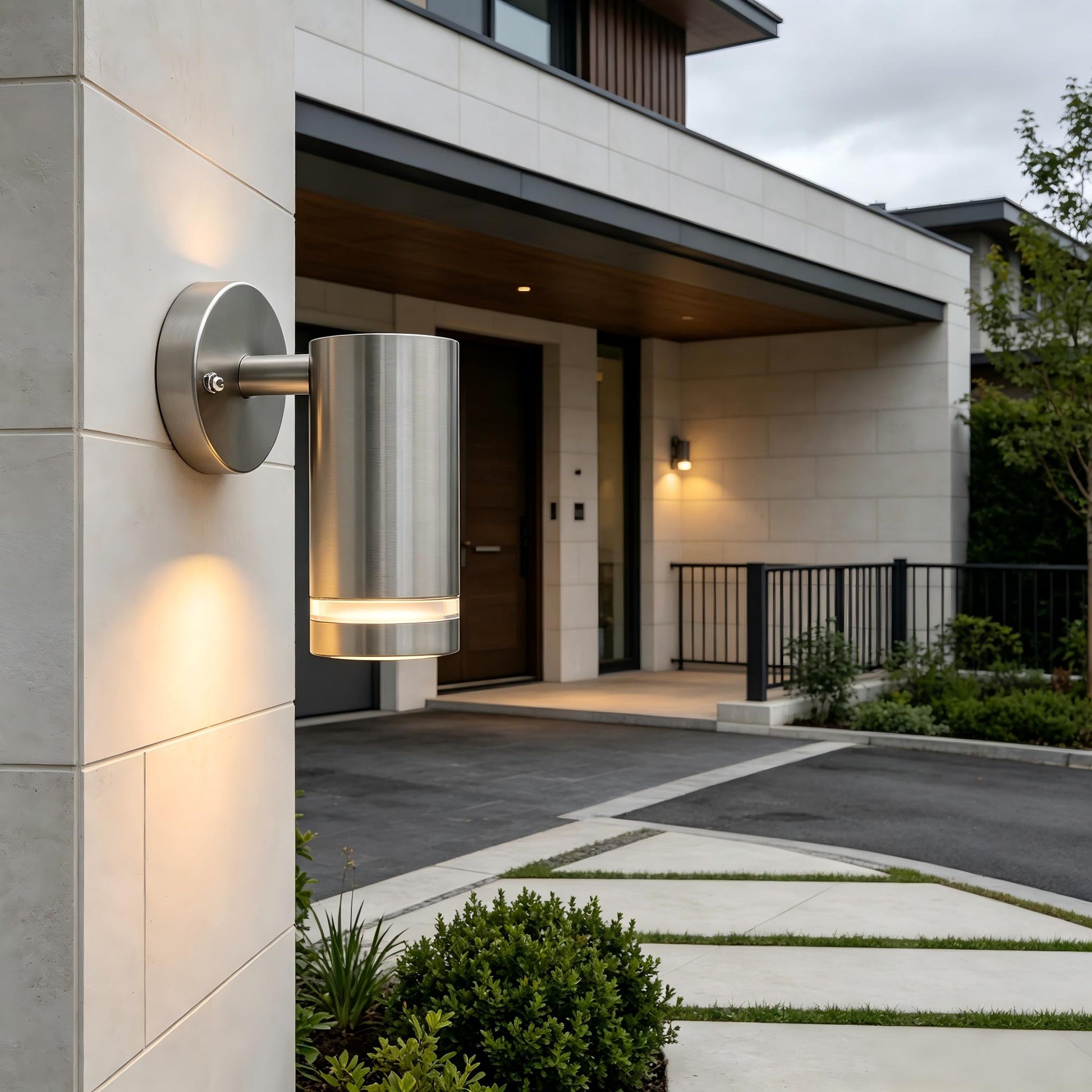 Stainless Steel Cylinder Outdoor Wall Light Close Up On 