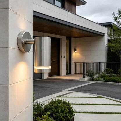 Stainless Steel Cylinder Outdoor Wall Light Close Up On 