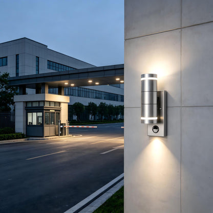 Mini stainless steel exterior wall light mounted on modern villa front door, night entry lighting decor