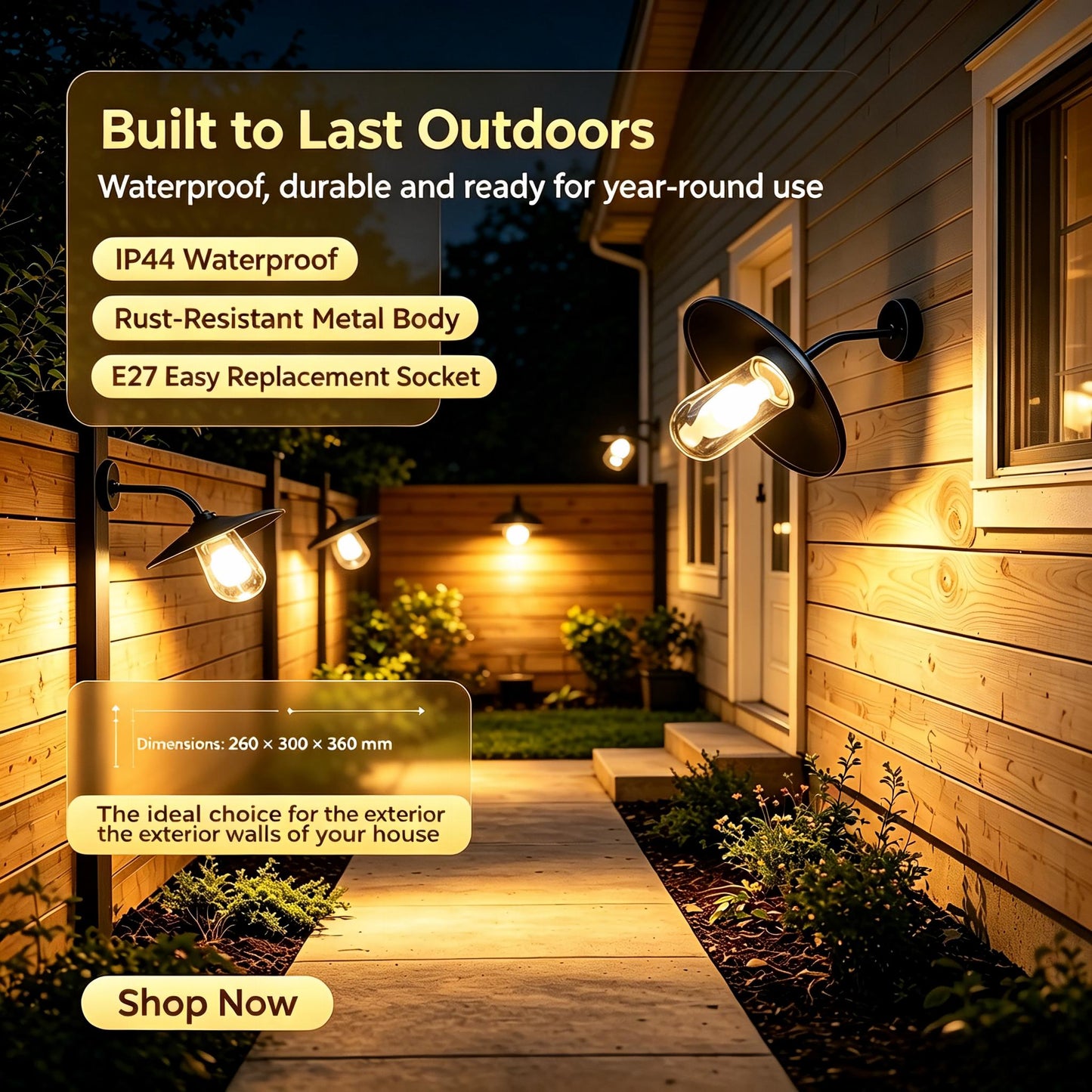 Close-up of the Sunsatu black outdoor sconce glowing warmly against a dark background, showcasing the light beam.