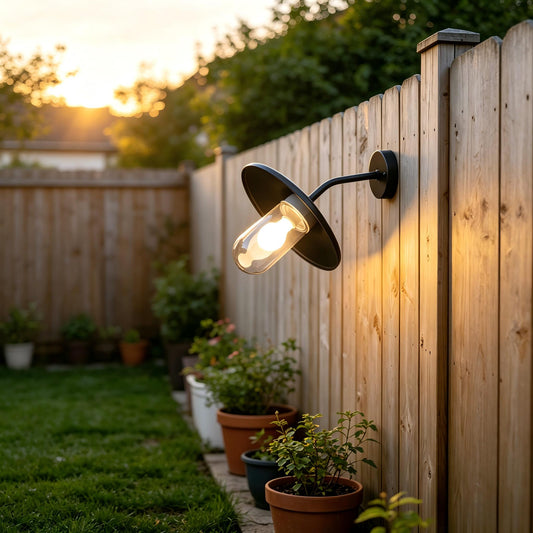 Lifestyle image of the Sunsatu black garden fence light mounted on a wooden plank wall with green foliage.