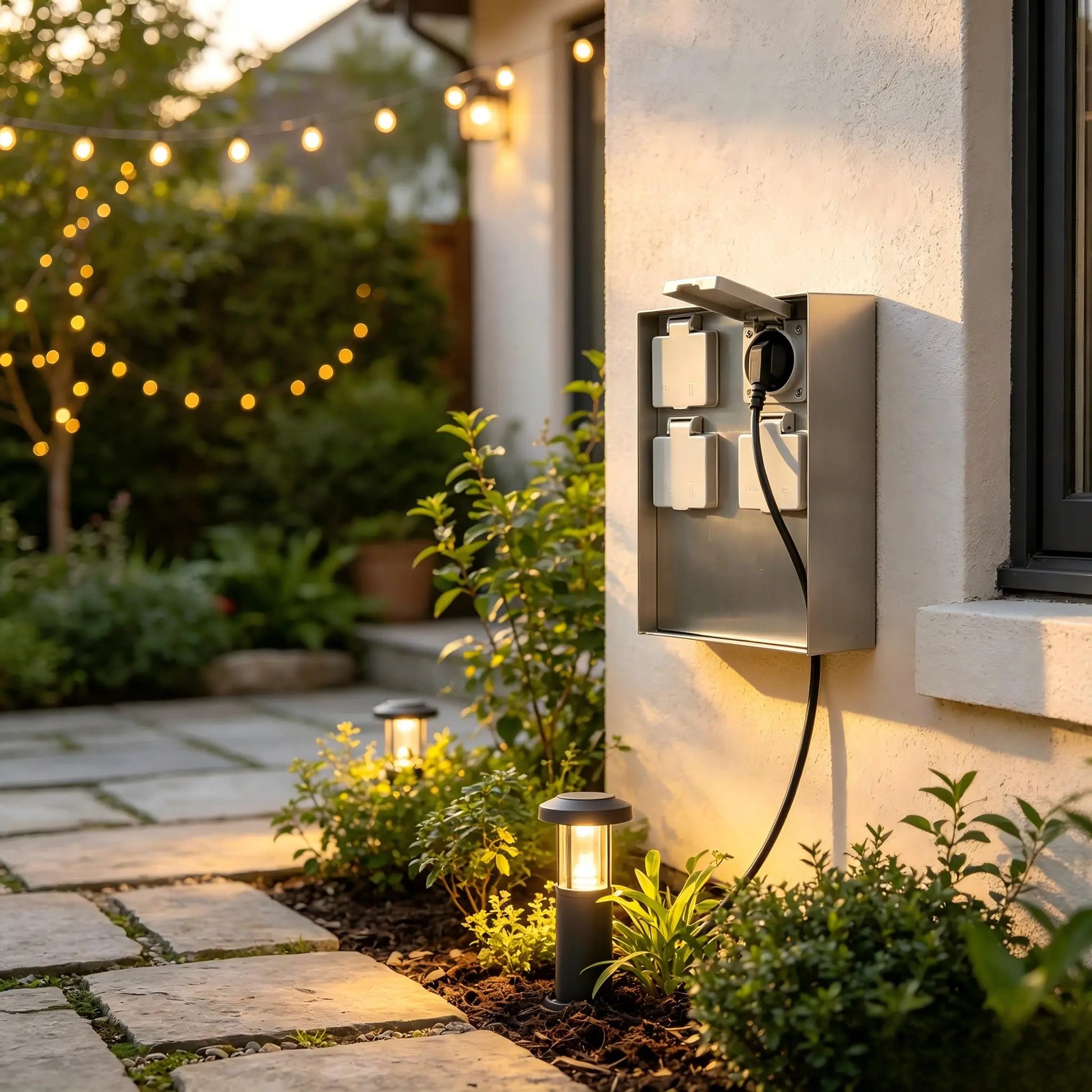 Stainless steel weatherproof 4-outlet power box mounted on an exterior wall in a garden patio