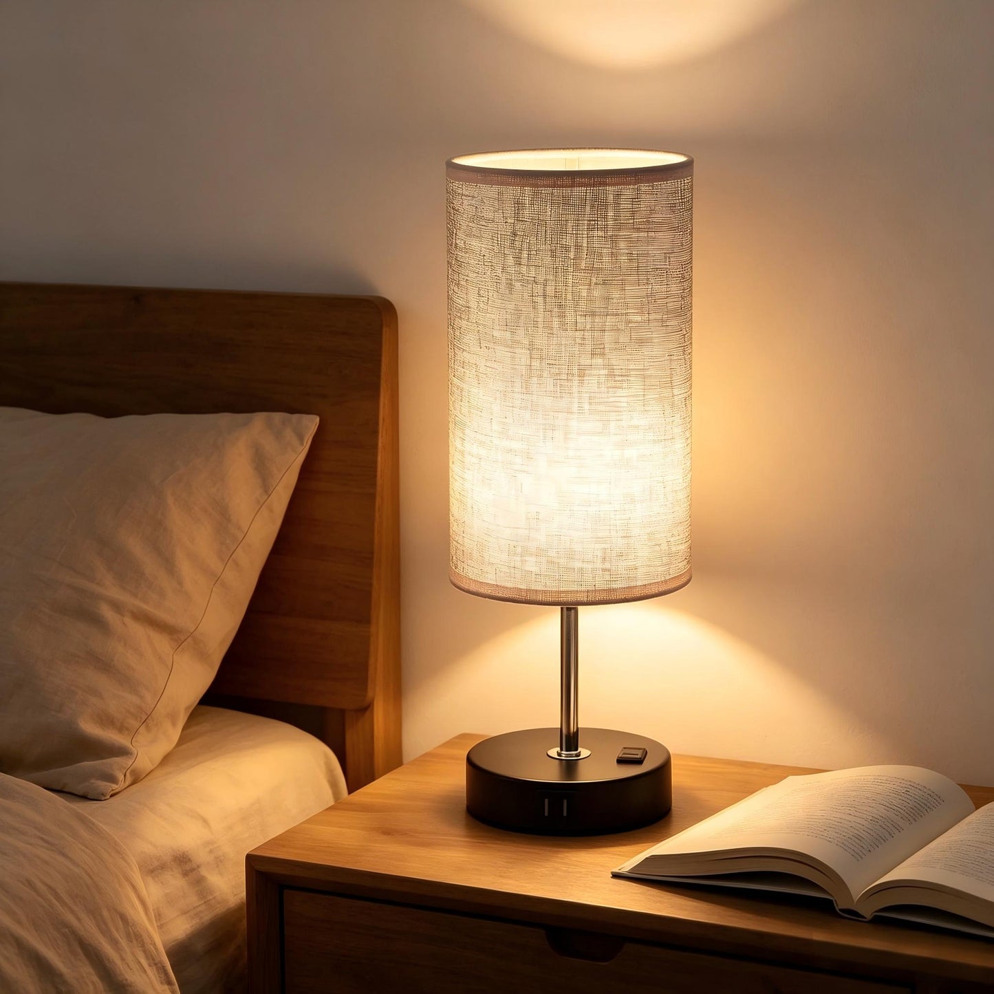 Modern Touch Bedside Table Lamp with USB-C & USB Charging Ports | 3-Way Dimmable Nightstand Lamp