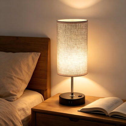 Modern Touch Bedside Table Lamp with USB-C & USB Charging Ports | 3-Way Dimmable Nightstand Lamp